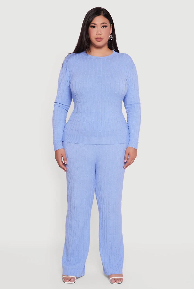 Womens Plus Size Cable Knit Drawstring Detail Pants, Blue, Size 3X