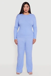 Womens Plus Size Cable Knit Drawstring Detail Pants, Blue, Size 3X