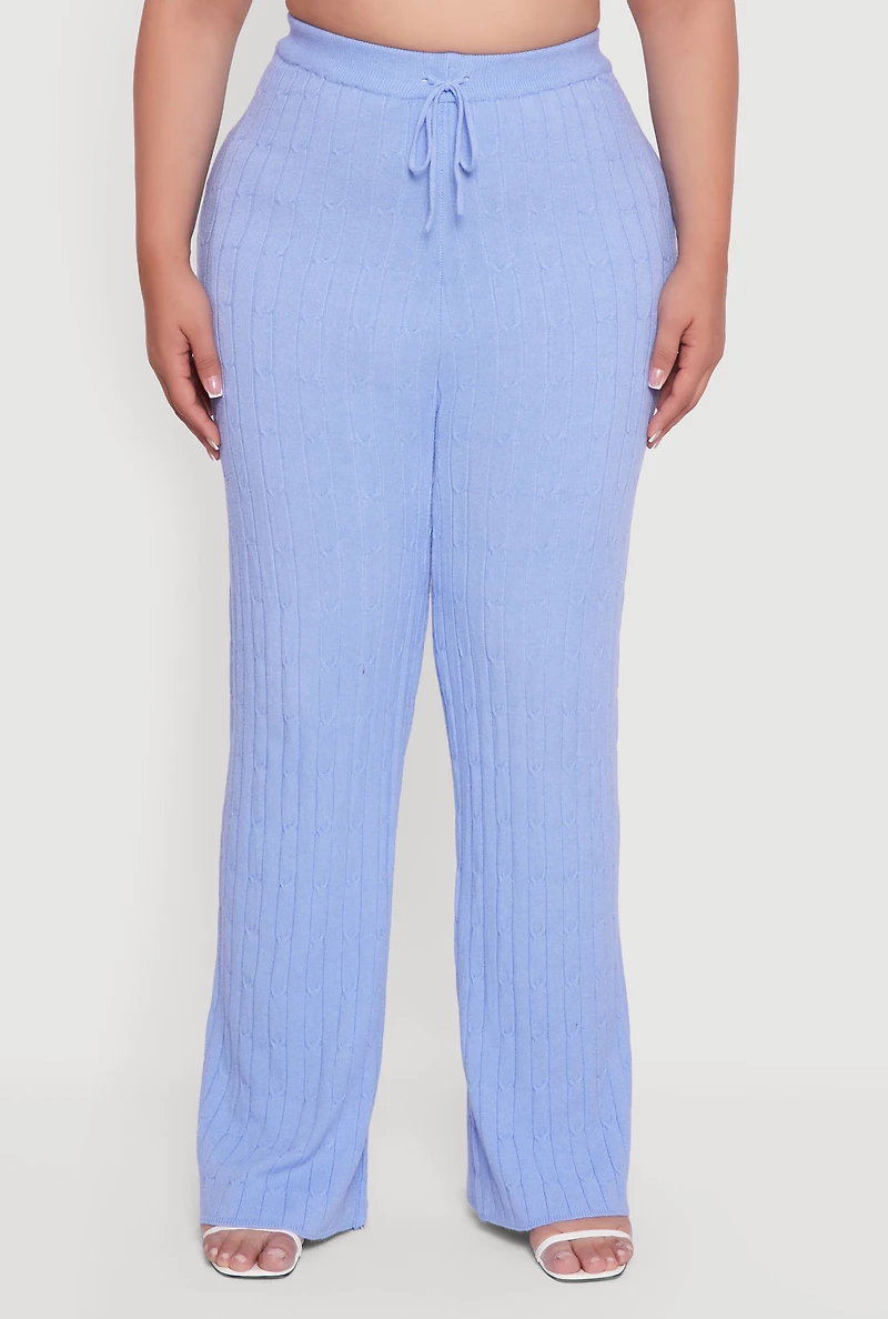 Womens Plus Size Cable Knit Drawstring Detail Pants, Blue, Size 3X