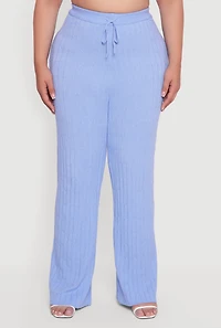 Womens Plus Size Cable Knit Drawstring Detail Pants, Blue, Size 3X