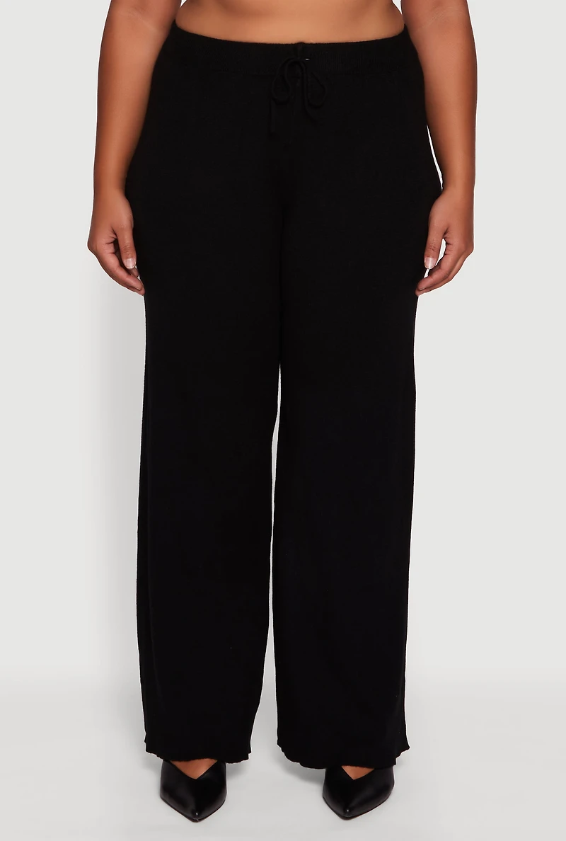 Womens Plus Drawstring Detail Pull On Wide Leg Pants, 3X