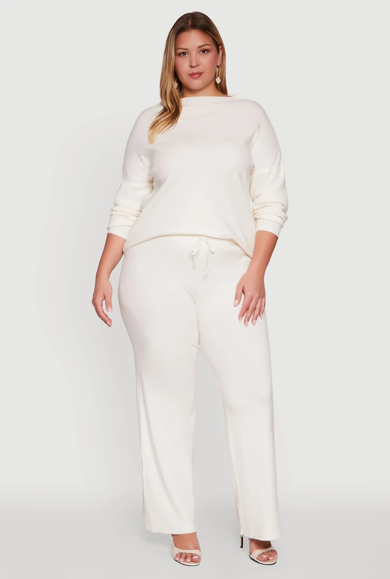 Womens Plus Drawstring Detail Pull On Wide Leg Pants, White,