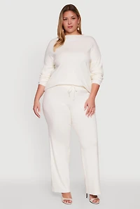 Womens Plus Drawstring Detail Pull On Wide Leg Pants, White,