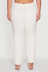 Womens Plus Drawstring Detail Pull On Wide Leg Pants, White,