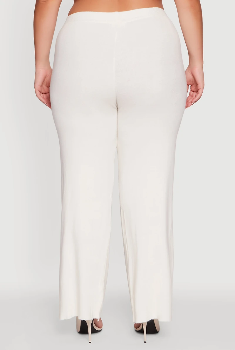 Womens Plus Drawstring Detail Pull On Wide Leg Pants, White,