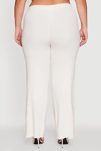 Womens Plus Drawstring Detail Pull On Wide Leg Pants, White,