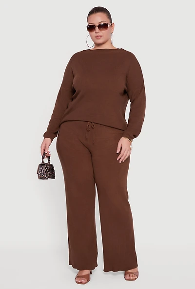 Womens Plus Drawstring Detail Pull On Wide Leg Pants,