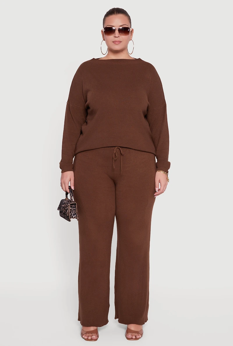 Womens Plus Drawstring Detail Pull On Wide Leg Pants,