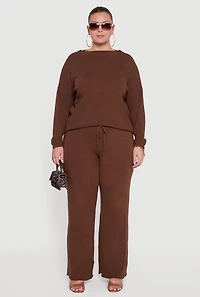 Womens Plus Drawstring Detail Pull On Wide Leg Pants,