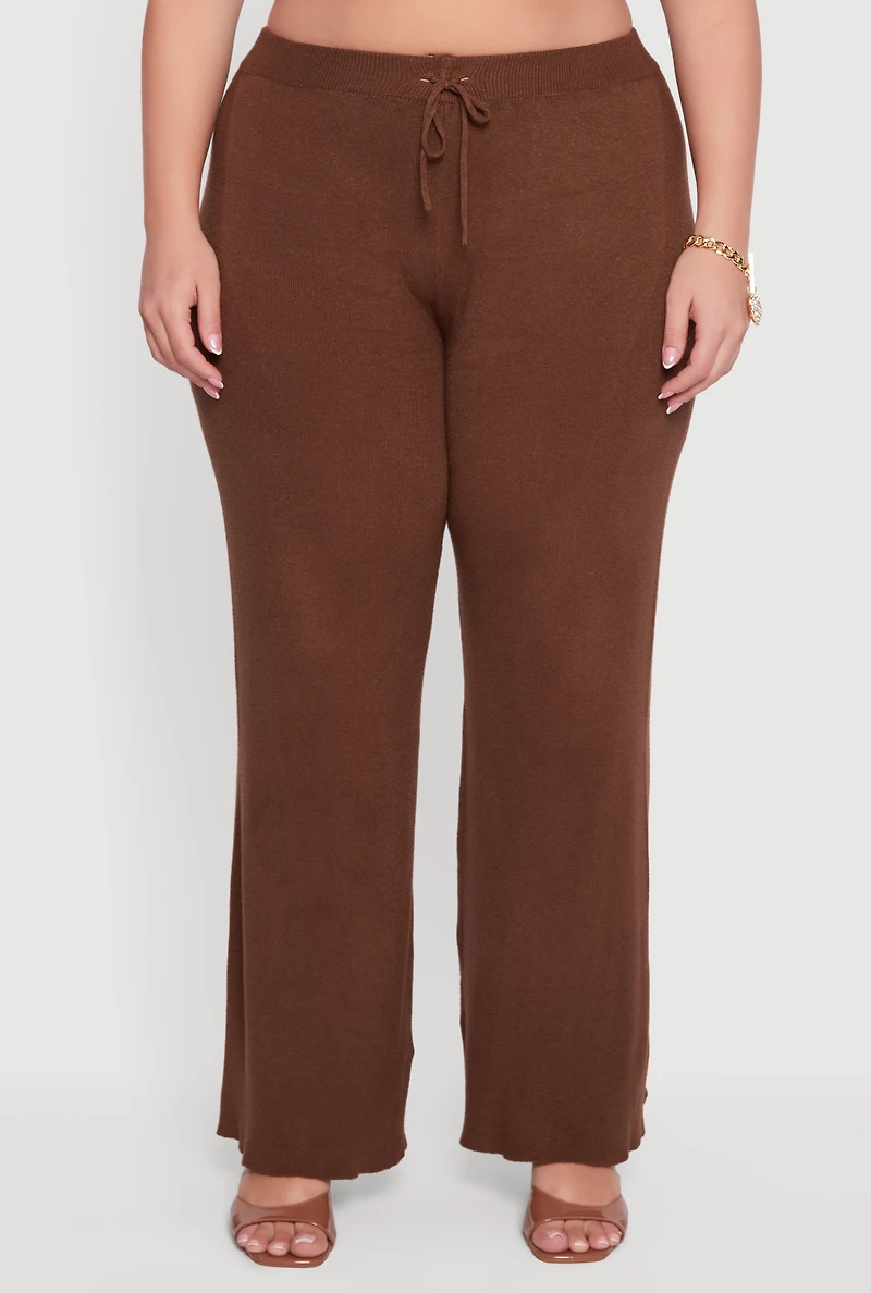 Womens Plus Size Drawstring Detail Pull On Wide Leg Pants, Brown, Size 1X