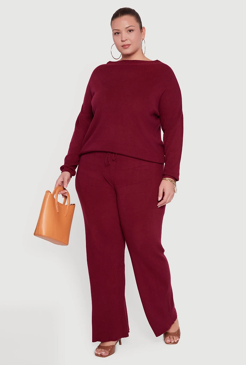 Womens Plus Drawstring Detail Pull On Wide Leg Pants,