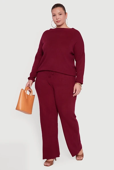 Womens Plus Drawstring Detail Pull On Wide Leg Pants,