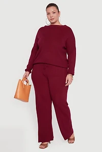 Womens Plus Drawstring Detail Pull On Wide Leg Pants,