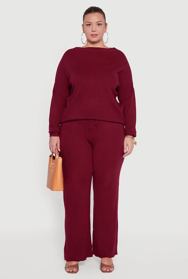 Womens Plus Drawstring Detail Pull On Wide Leg Pants,