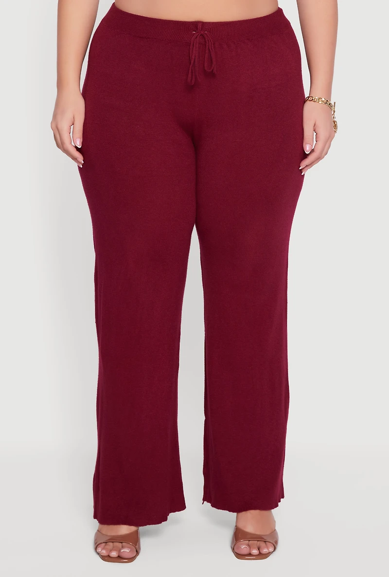 Womens Plus Drawstring Detail Pull On Wide Leg Pants,