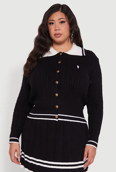 Womens Plus Bear Patch Graphic Varsity Stripe Cardigan,