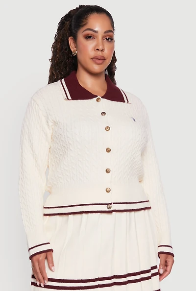 Womens Plus Size Bear Patch Graphic Varsity Stripe Cardigan, White, Size 3X