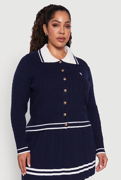 Womens Plus Bear Patch Graphic Varsity Stripe Cardigan,