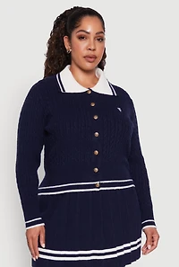 Womens Plus Size Bear Patch Graphic Varsity Stripe Cardigan, Blue, Size 3X