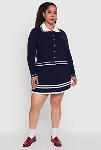 Womens Plus Size Bear Patch Graphic Varsity Stripe Cardigan, Blue, Size 3X