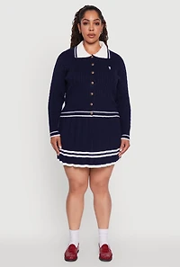 Womens Plus Size Bear Patch Graphic Varsity Stripe Cardigan, Blue, Size 3X