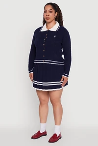Womens Plus Size Bear Patch Graphic Varsity Stripe Cardigan, Blue, Size 3X