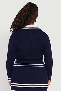 Womens Plus Size Bear Patch Graphic Varsity Stripe Cardigan, Blue, Size 3X