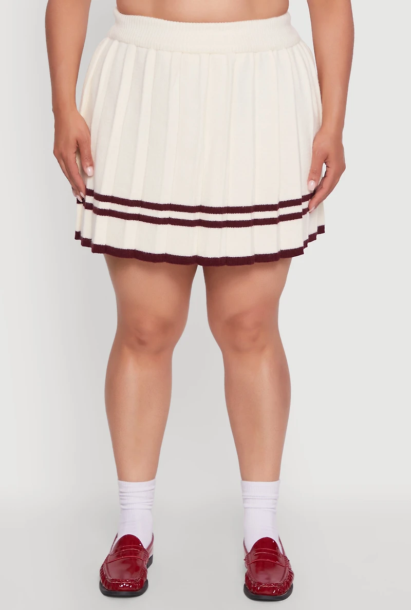Womens Plus Size High Waisted Varsity Stripe Pleated Skirt, White, Size 1X
