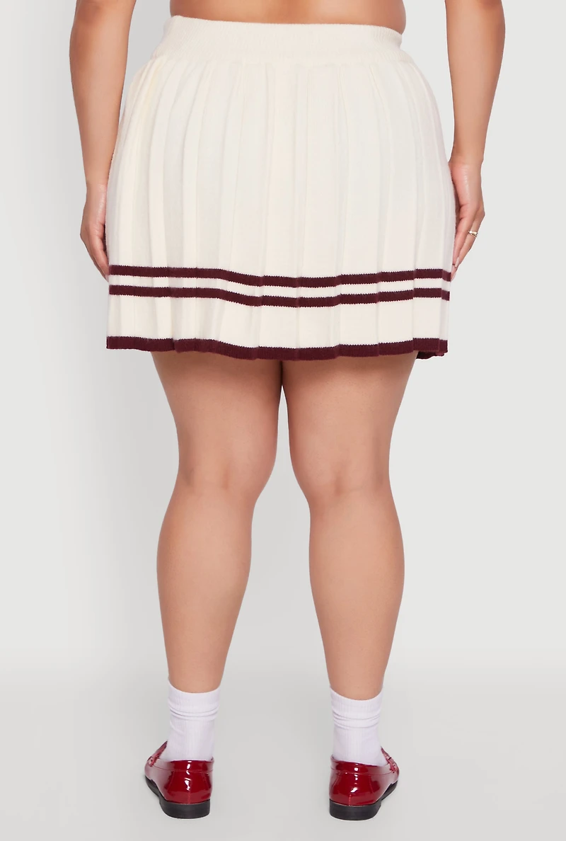 Womens Plus Size High Waisted Varsity Stripe Pleated Skirt, White, Size 1X