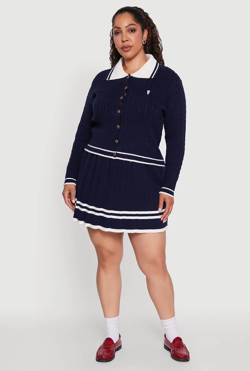 Womens Plus Size High Waisted Varsity Stripe Pleated Skirt, Blue, Size 2X