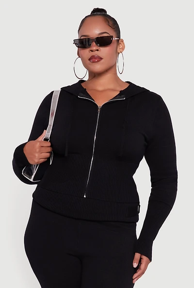 Womens Plus Rib Knit Cropped Zip Front Hoodie,