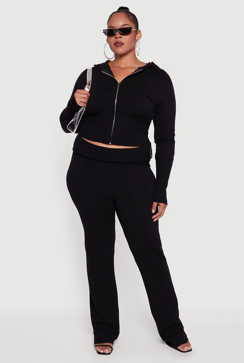 Womens Plus Size Rib Knit Cropped Zip Front Hoodie, Black, Size 3X