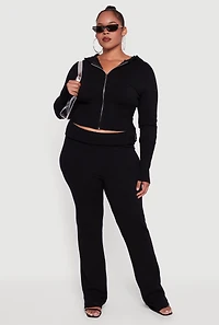 Womens Plus Size Rib Knit Cropped Zip Front Hoodie, Black, Size 3X