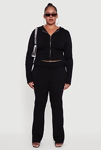 Womens Plus Size Rib Knit Cropped Zip Front Hoodie, Black, Size 3X