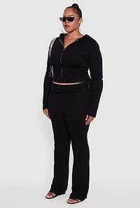 Womens Plus Size Rib Knit Cropped Zip Front Hoodie, Black, Size 3X