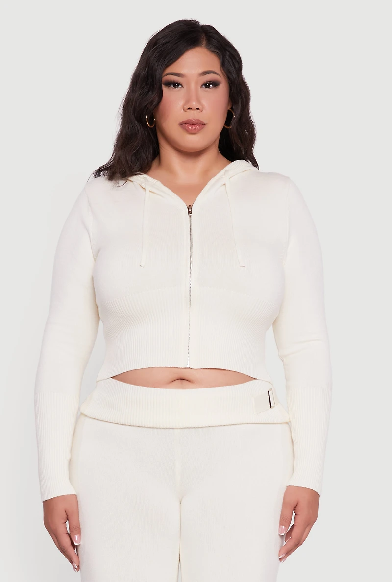 Plus Rib Knit Cropped Zip Front Hoodie