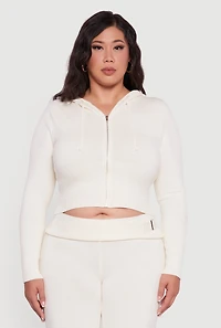 Plus Rib Knit Cropped Zip Front Hoodie