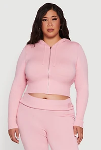 Plus Rib Knit Cropped Zip Front Hoodie