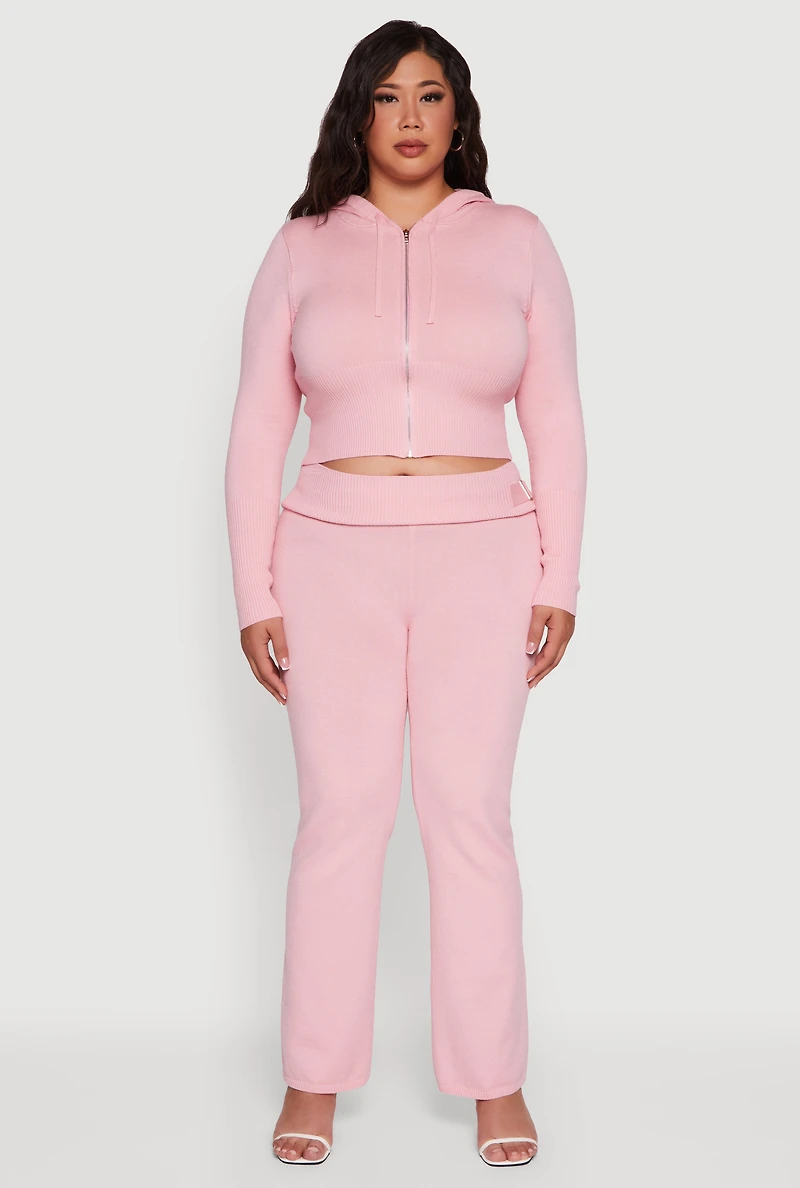 Plus Rib Knit Cropped Zip Front Hoodie