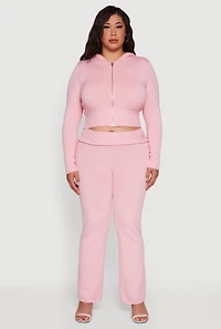 Plus Rib Knit Cropped Zip Front Hoodie