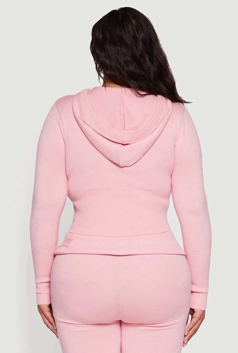 Plus Rib Knit Cropped Zip Front Hoodie