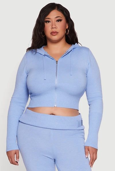 Womens Plus Rib Knit Cropped Zip Front Hoodie,