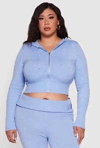 Womens Plus Rib Knit Cropped Zip Front Hoodie,
