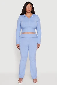 Womens Plus Rib Knit Cropped Zip Front Hoodie,