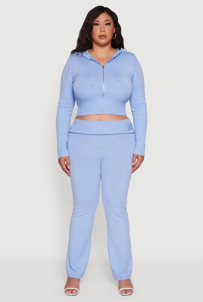 Plus Rib Knit Cropped Zip Front Hoodie