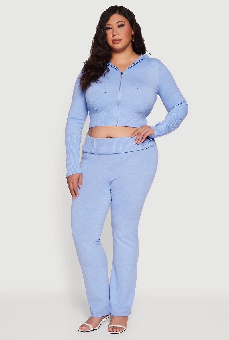 Womens Plus Rib Knit Cropped Zip Front Hoodie,