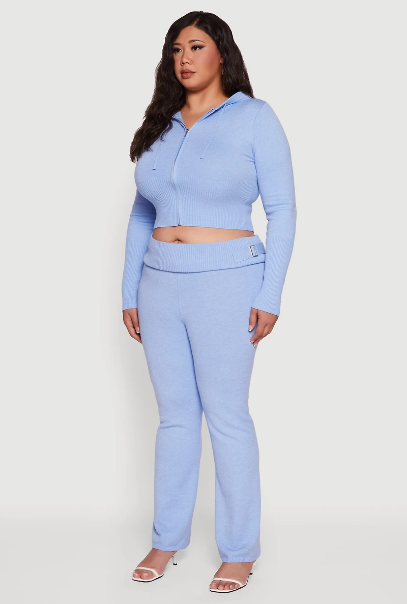 Womens Plus Rib Knit Cropped Zip Front Hoodie,