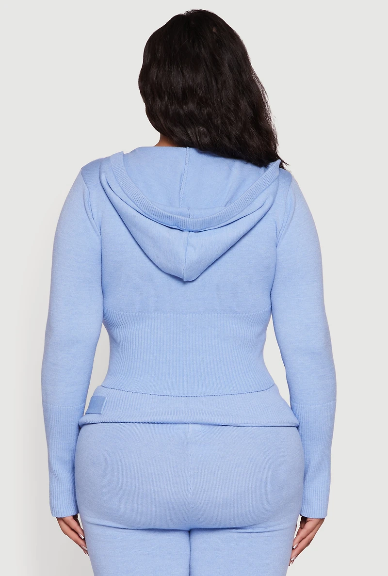 Plus Rib Knit Cropped Zip Front Hoodie