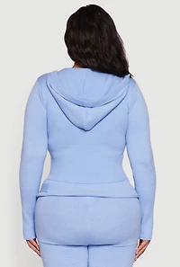 Plus Rib Knit Cropped Zip Front Hoodie