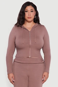 Plus Rib Knit Cropped Zip Front Hoodie